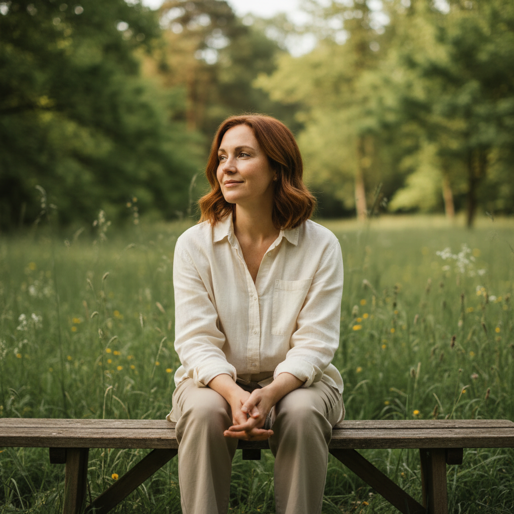 Natürliches Produktbild für den Song Sei sanft zu dir: Eine Frau mit auburnfarbenem Haar sitzt ruhig in einem grünen Park.