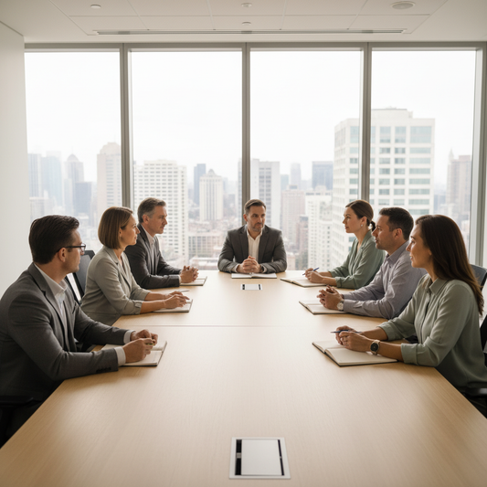 Realistisches Produktbild eines Organisationsworkshops mit acht erwachsenen Personen in einem modernen Büro-Seminarraum mit Glasfenstern.