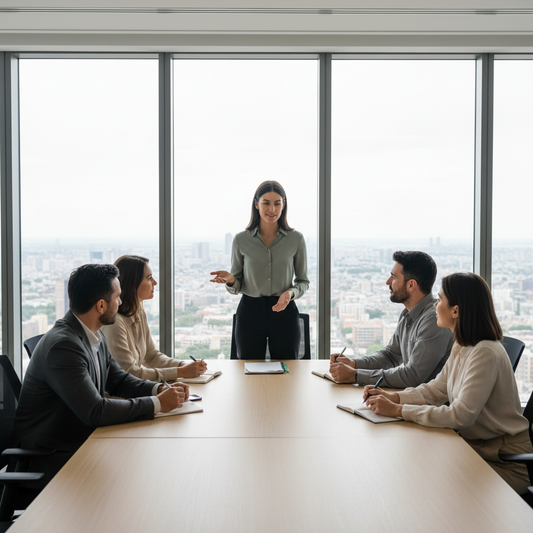 Realistisches Produktbild eines Teamcoachings mit erwachsenen Unternehmerinnen und Unternehmern in einem modernen Büro mit Glasfenstern.